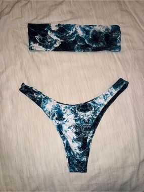 Teal Blue & White Wave Print Bandeau Bikini set